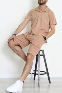 Burgu Likralı Polo Yaka Erkek Şort Takım Camel - 71035.1937.