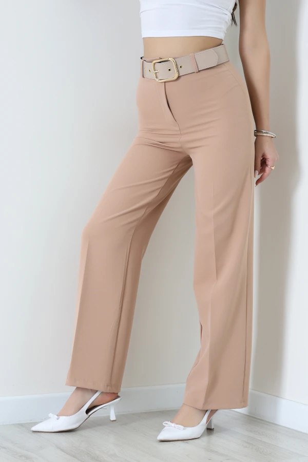 Dabıl Kumaş Kalın Kemerli Palazzo Pantolon Bisküvi - 71205.1920.