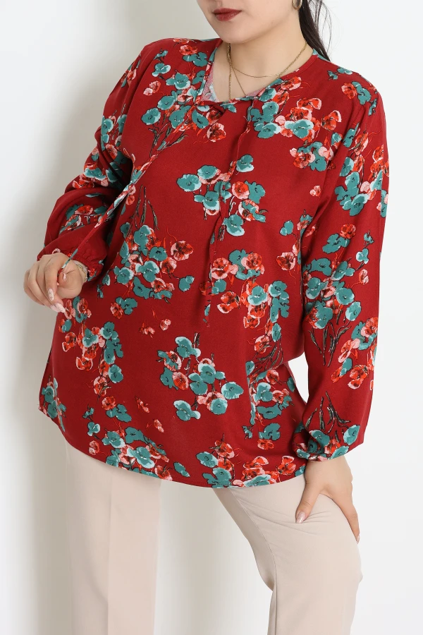 Büyük Beden Desenli Viskon Bluz Kırmızıçiçekli - 71230.107.