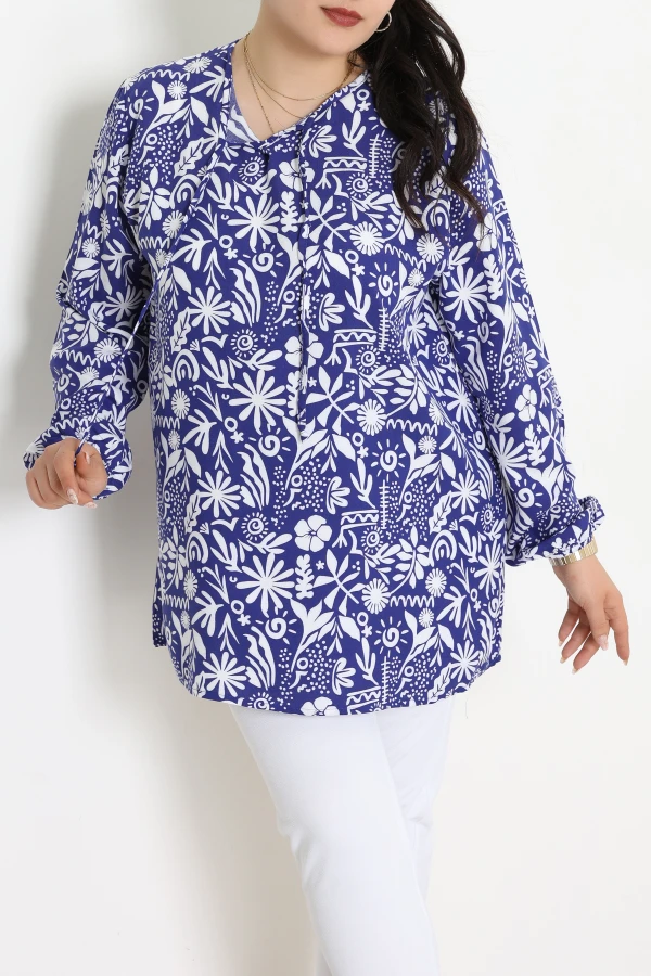 Büyük Beden Desenli Viskon Bluz Maviçiçekli - 71230.107.
