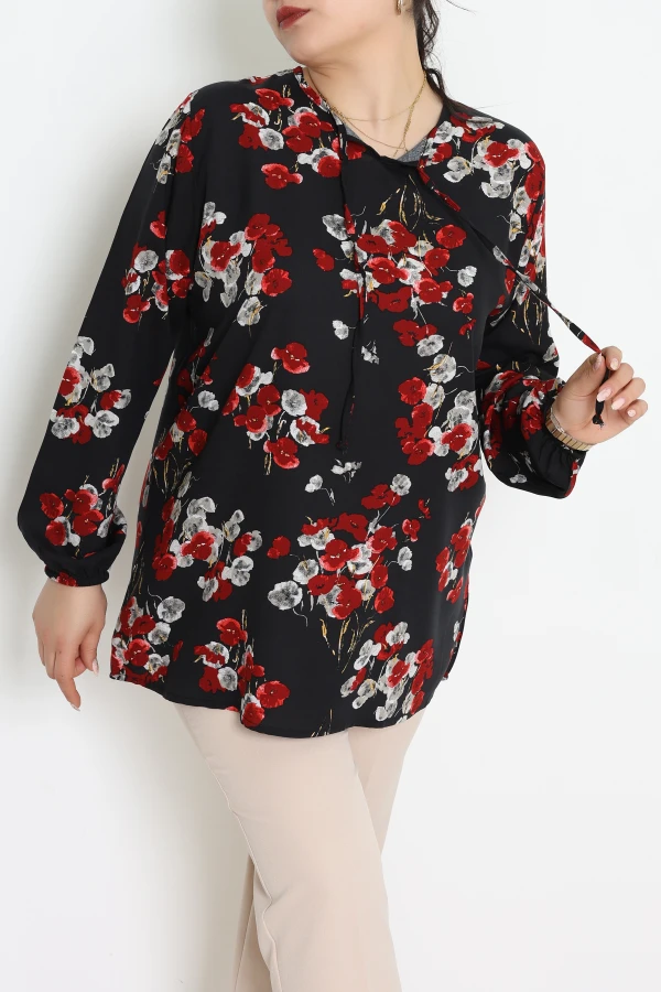 Büyük Beden Desenli Viskon Bluz Siyahkırmızı - 71230.107.