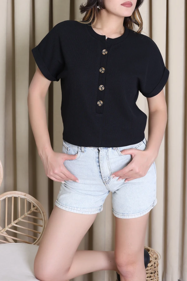Önden Düğmeli Waffle Kumaş Bluz Siyah - 71269.1256.