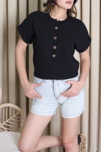 Önden Düğmeli Waffle Kumaş Bluz Siyah - 71269.1256.