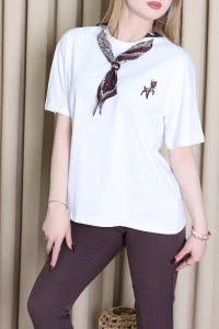 Ceylan Nakış Ve Fularlı Tişört Beyaz - 7517.196.