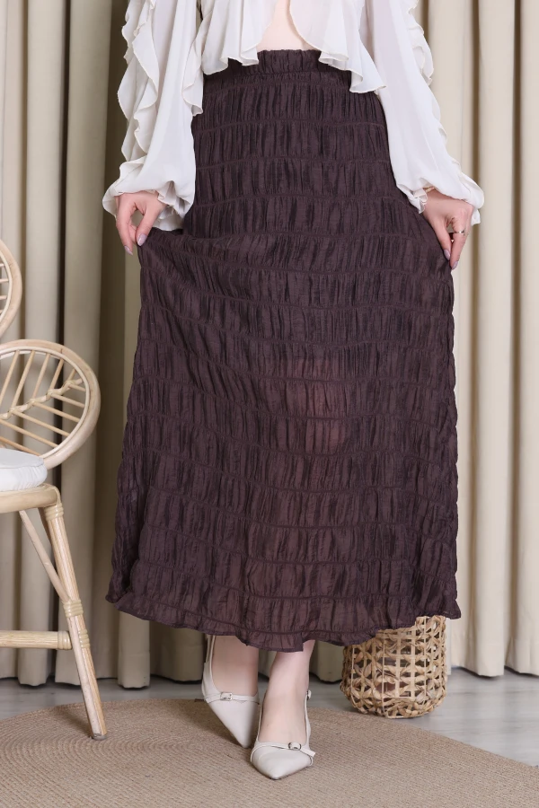 Büzgülü Karışık Dokulu Şifon Etek Kahve - 7585.196.