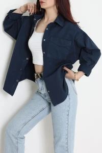 Tek Cepli Gabardin Oversize Ceket Lacivert - 36571.2137.
