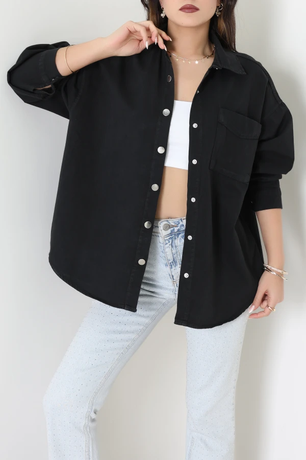 Tek Cepli Gabardin Oversize Ceket Siyah - 36571.2137.