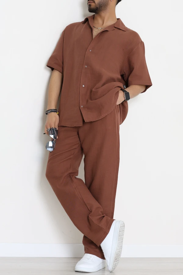 Ovesize Müslin Gömlekli Takım Açıkkahve - 71229.1937.