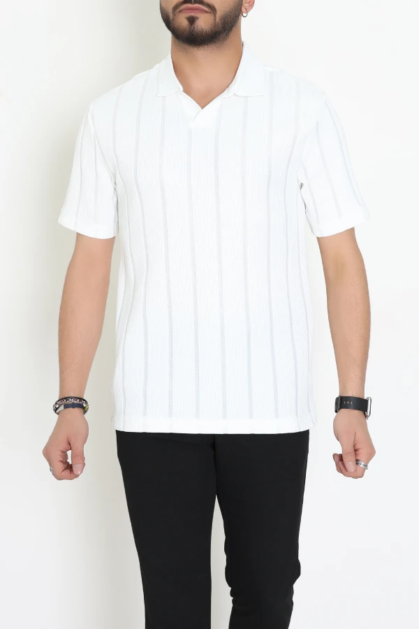 Likralı Jakarlı Casual Polo Yaka Tişört Beyaz - 71271.1871.
