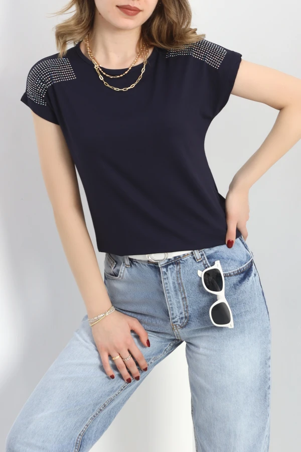 Omuzları Taş İşlemeli Bluz Lacivert - 20936.599.