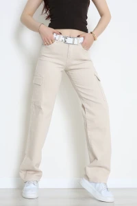 Kemerli Kargo Cep Palazzo Kot Pantolon Bej - 2989916.1968.