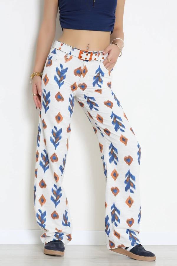 Kemerli Desenli Palazzo Kot Pantolon Bej - 3014925.1968.