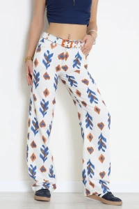 Kemerli Desenli Palazzo Kot Pantolon Bej - 3014925.1968.