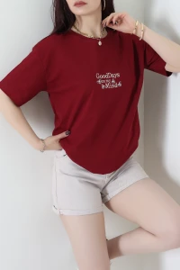 Suprem Nakışlı Oversize Tişört Bordo - 31882.1878.