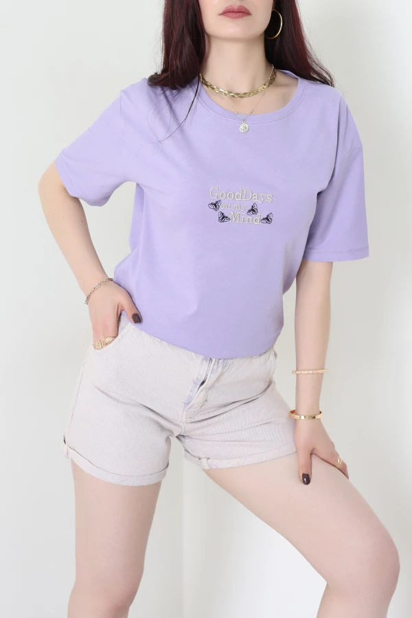 Suprem Nakışlı Oversize Tişört Lila - 31882.1878.