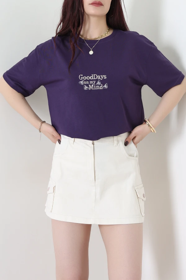 Suprem Nakışlı Oversize Tişört Mor - 31882.1878.