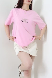 Suprem Nakışlı Oversize Tişört Pembe - 31882.1878.