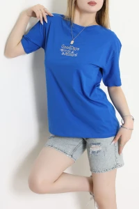 Suprem Nakışlı Oversize Tişört Saks - 31882.1878.