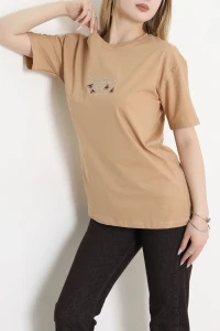 Suprem Nakışlı Oversize Tişört Camel - 31882.1878.