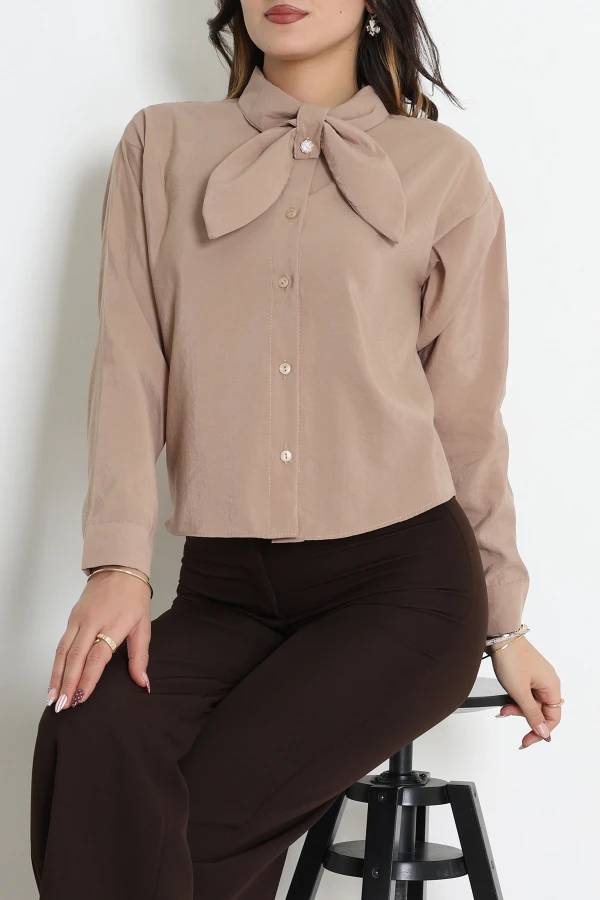 Modal Standart Boy Kravat Detaylı Oversize Gömlek Vizon - 44010.2143.