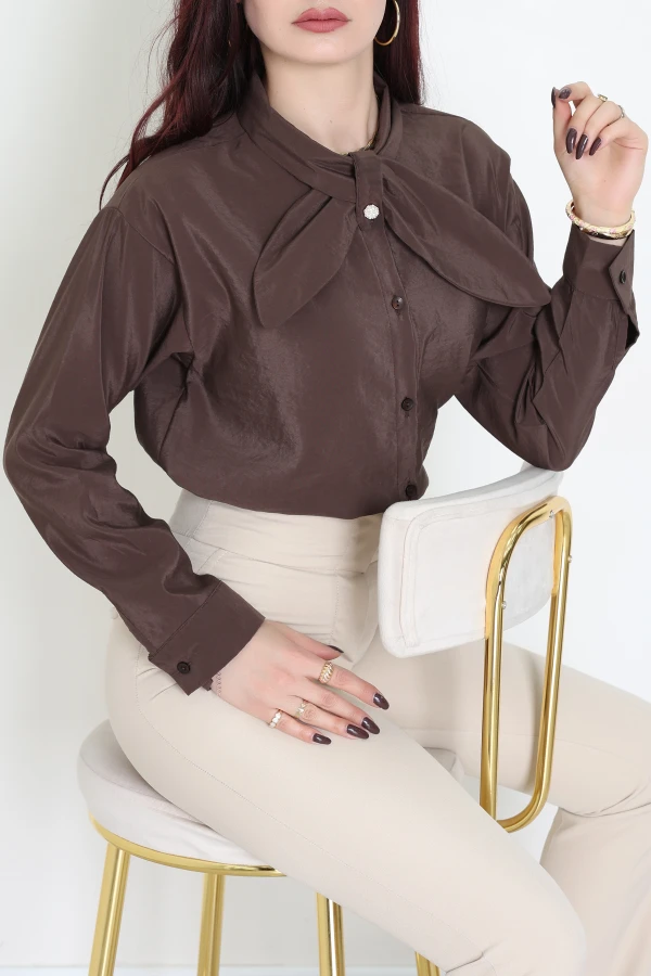 Modal Standart Boy Kravat Detaylı Oversize Gömlek Acıkahve - 44010.2143.