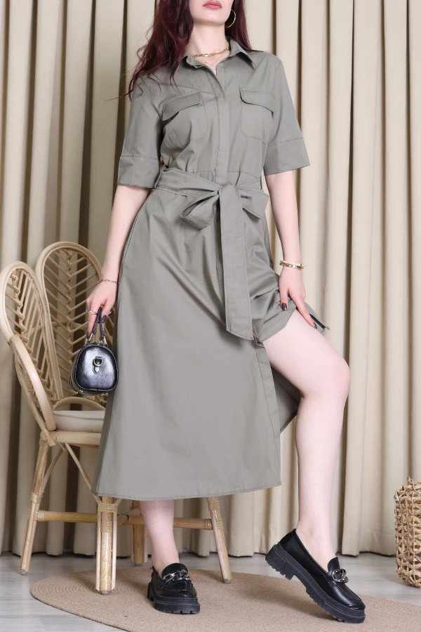 Pamuk Poplin Elbise Haki - 5250.1322.