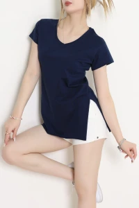 V Yaka Yırtmaçlı İpeksi Apre Penye Tişört Laci - 55096.1567.