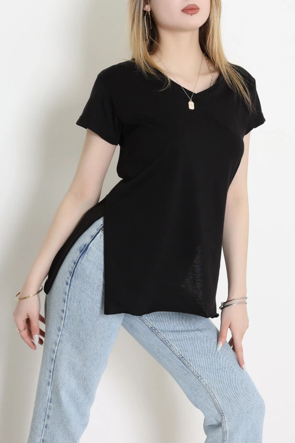 V Yaka Yırtmaçlı İpeksi Apre Penye Tişört Siyah - 55096.1567.
