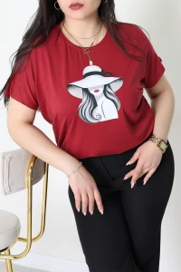 Büyük Beden Bisiklet Yaka Baskılı Bluz  Bordo - 71247.1969.