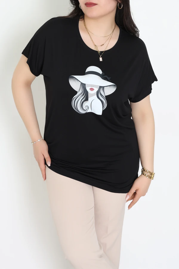 Büyük Beden Bisiklet Yaka Baskılı Bluz  Siyah - 71247.1969.