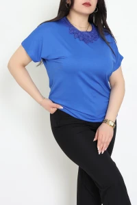 Yakası Dantel Detaylı Büyük Beden Viskon Bluz Saks - 71248.1969.