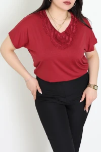 V Yaka Dantel Detaylı Büyük Beden Viskon Bluz Bordo - 71249.1969.