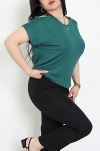 Omuz Açık Şerit Taş Detaylı Büyük Beden Viskon Bluz Zümrüt - 71250.1969.