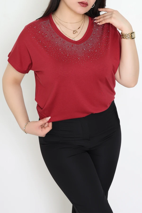 V Yaka Taş Detaylı Büyük Beden Viskon Bluz Bordo - 71251.1969.