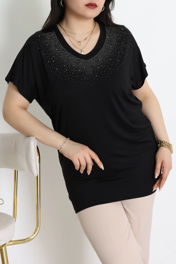 V Yaka Taş Detaylı Büyük Beden Viskon Bluz Siyah - 71251.1969.
