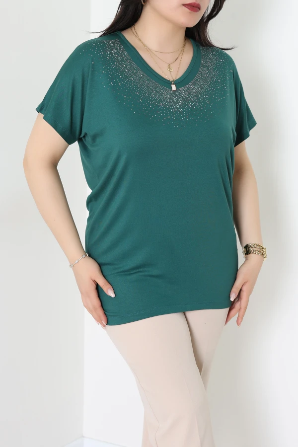 V Yaka Taş Detaylı Büyük Beden Viskon Bluz Zümrüt - 71251.1969.