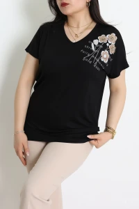 V Yaka Baskılı Büyük Beden Bluz Siyah - 71252.1969.