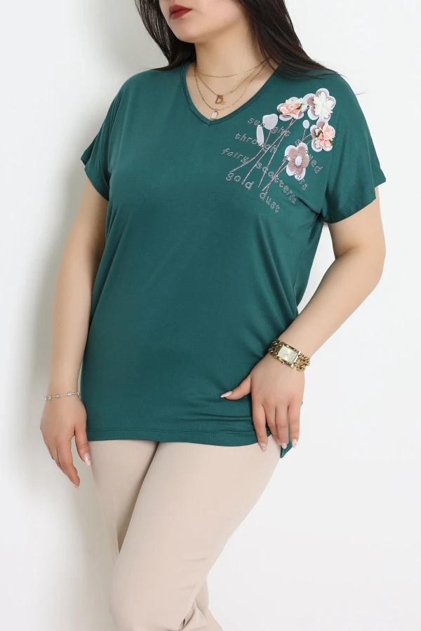 V Yaka Baskılı Büyük Beden Bluz Zümrüt - 71252.1969.