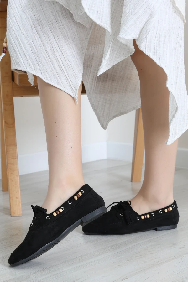 Boncuk Detaylı Püsküllü Loafer Babet Siyah - 196.1846.