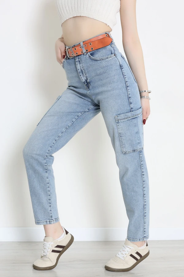 Kemerli Mom Kot Pantolon Açıkmavi - 2991905.1968.