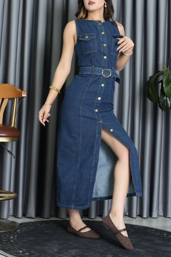 Düğmeli Kot Elbise Mavi - 30004.615.