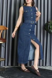 Düğmeli Kot Elbise Mavi - 30004.615.