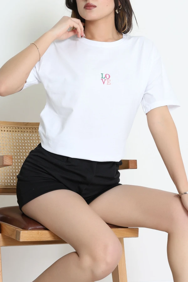 Suprem Nakışlı Oversize Tişört Beyaz - 31879.1878.