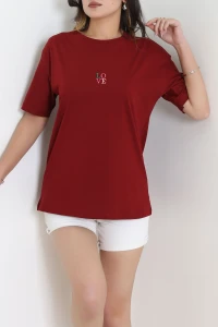 Suprem Nakışlı Oversize Tişört Bordo - 31879.1878.