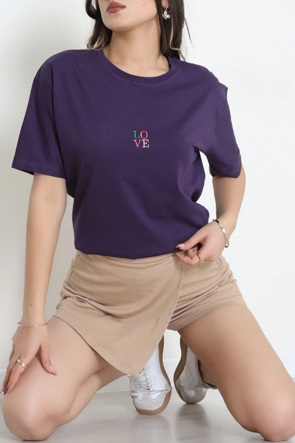 Suprem Nakışlı Oversize Tişört Mor - 31879.1878.