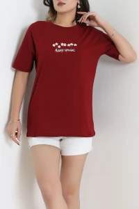 Suprem Nakışlı Oversize Tişört Bordo - 31880.1878.