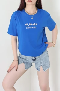 Suprem Nakışlı Oversize Tişört Saks - 31880.1878.