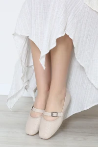 Deri Hasır Örgü Desenli Babet Krem - 32463.1846.