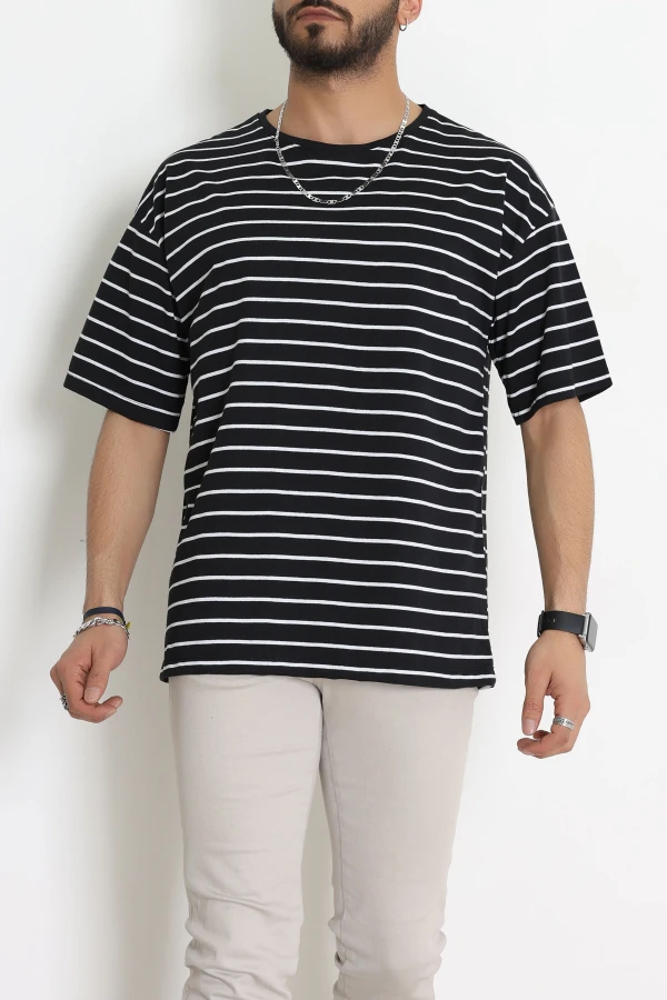 Süprem Çizgili Oversize Erkek Tişört Siyahbeyaz - 71108.1567.