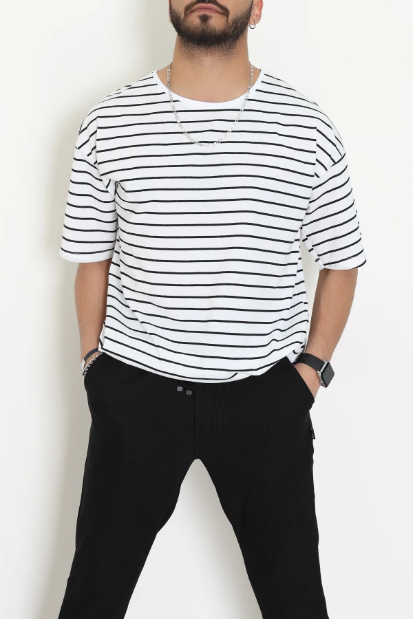 Süprem Çizgili Oversize Erkek Tişört Beyazsiyah - 71108.1567.